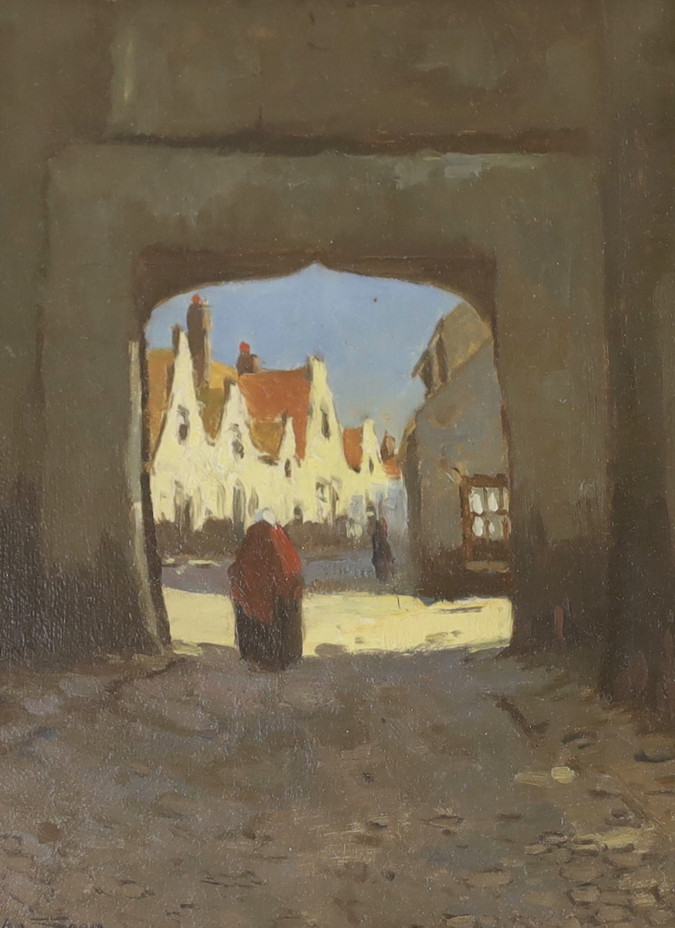 Christiaan Soer (Dutch, 1882-1962), oil on panel, Continental town scene with figure beneath an archway, signed, 23 x 17cm, ornate gilt framed